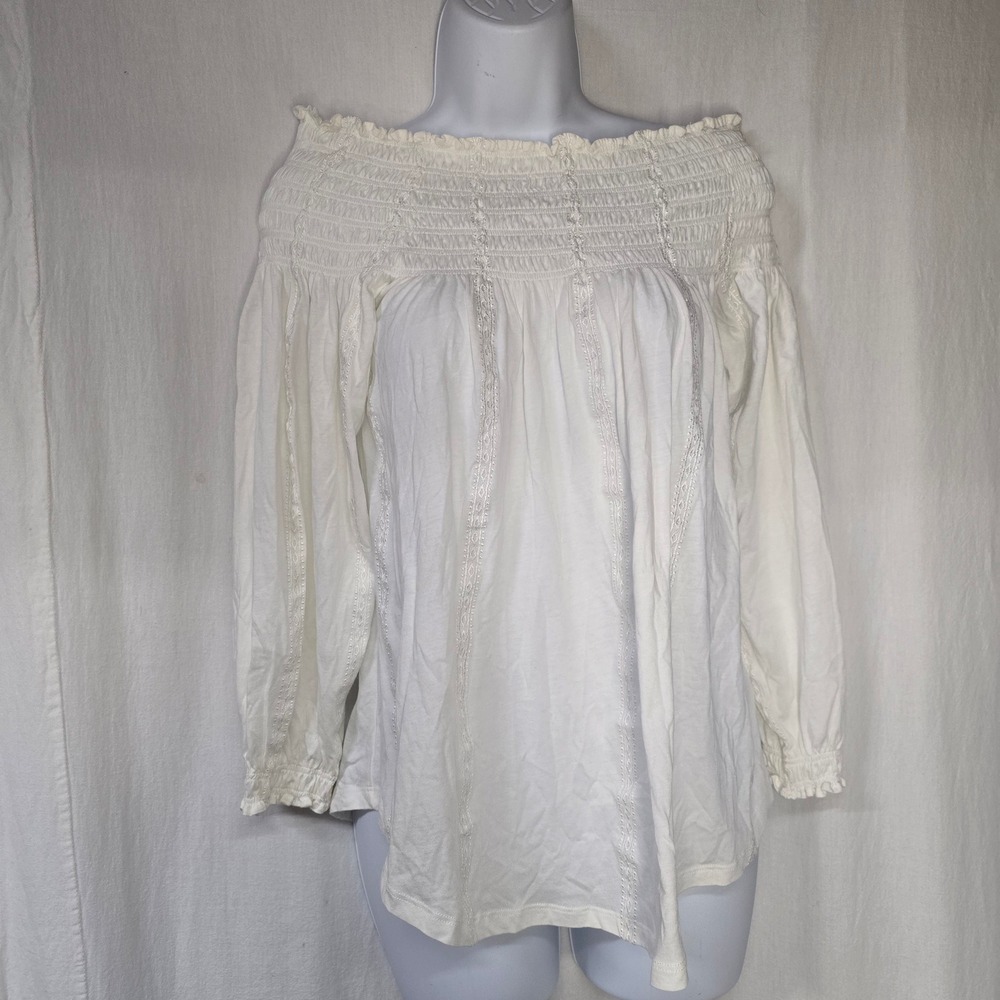 Lauren Ralph Lauren Smocked Blouse Women XS White Cotton Modal Boho Peasant Top